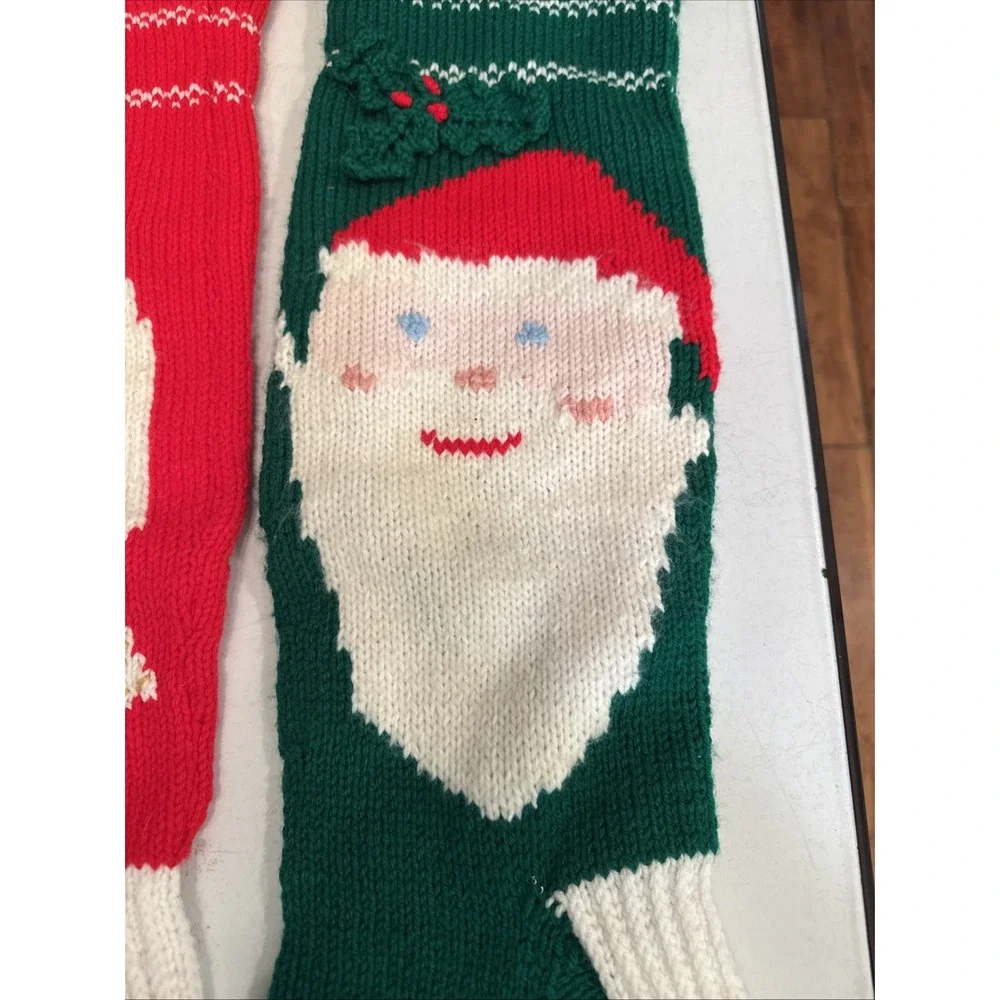 Hand Knit CHRISTMAS Stockings SANTA 3-D Holly and ANGEL‎ 3-D Wings XL 27